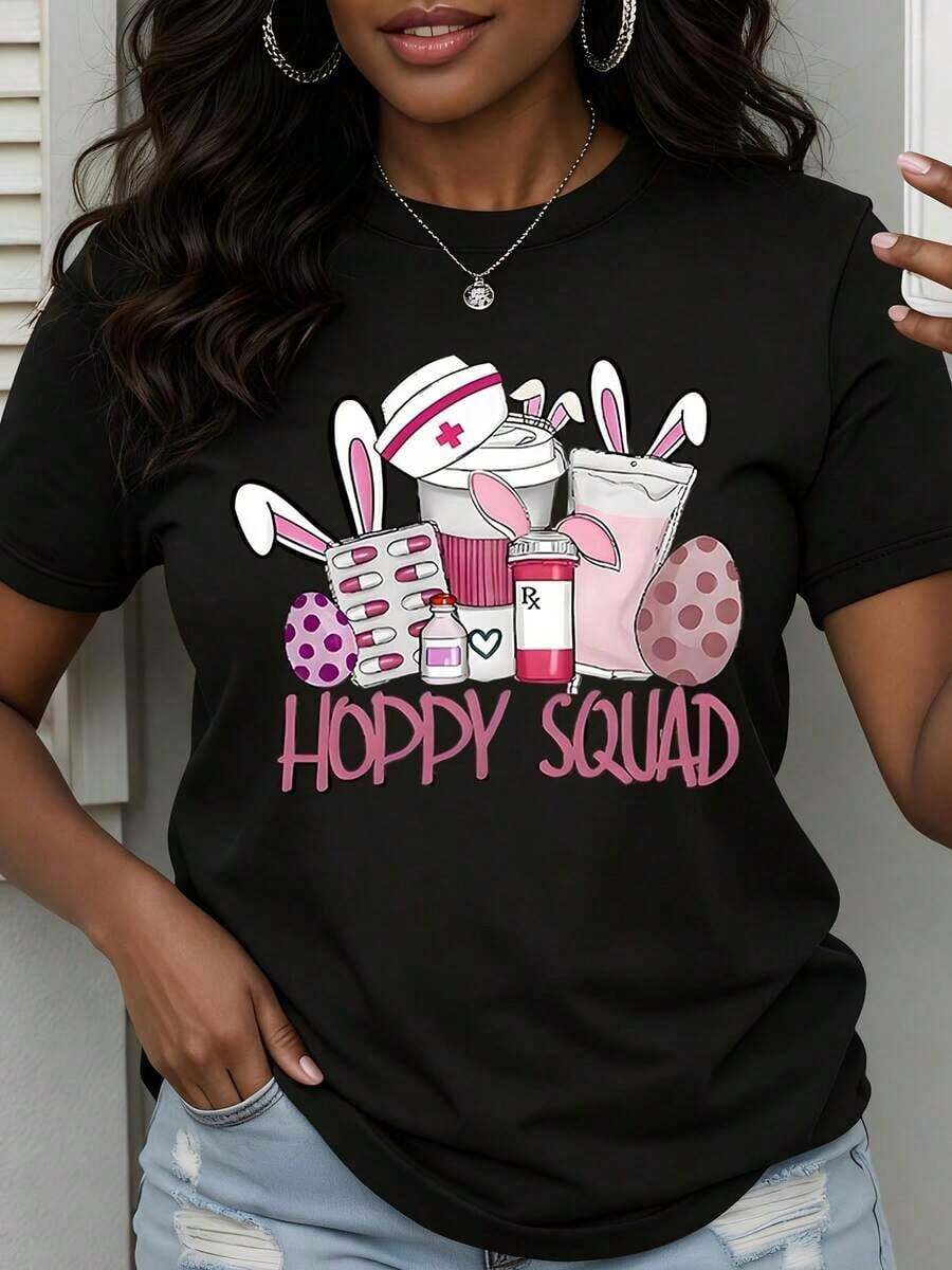 Hoppy Nurse T-Shirt For Easter, White, With Bunny Ears And Medical Theme Design For Spring Celebration - Urban Vintage Style, Unisex, Cotton, Short Sleeve, Round Neck, 100% Cotton - 黑色 - 查看 1