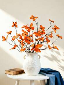 4/2/1pc Orange Artificial Butterfly Flower Branches,29.53"Silk Fake Butterfly Flower Realistic Artificial Flowers For Home Wedding Party Decor, DIY Vase Arrangements Decoration Supply, Living Room Table Decorations, Summer Father's Day Floral - Orange - View 2