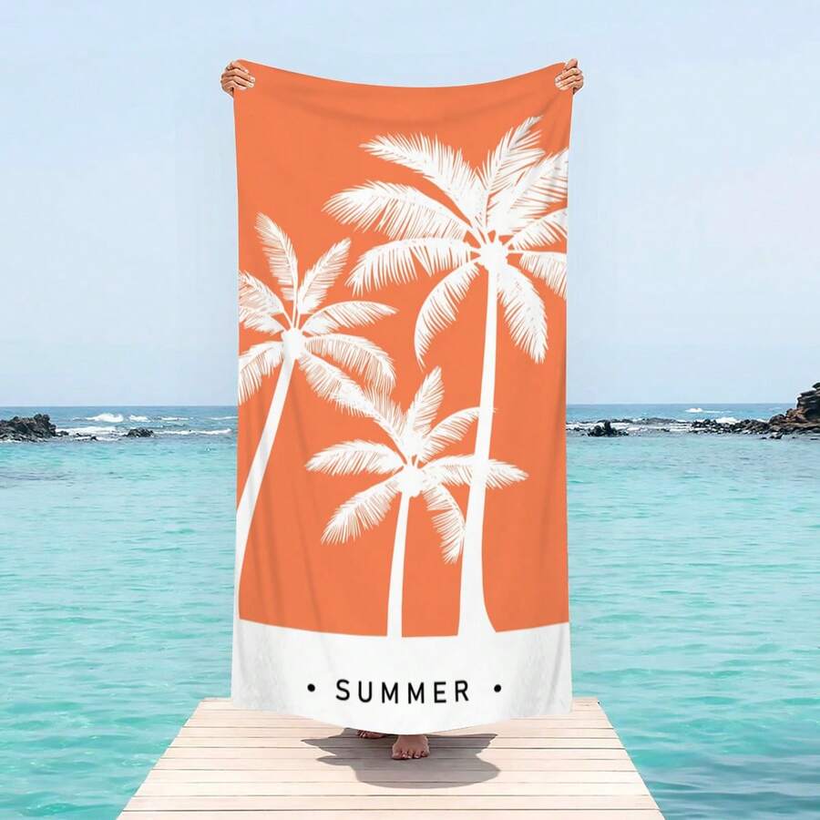 1pc Ultra Soft Orange Palm Tree Summer Pattern Beach Towel, Suitable For Beach, Pool Party, Vacation - Style5 - View 1