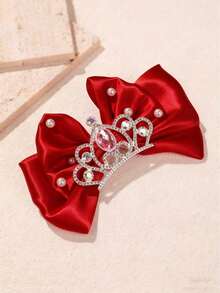 1pc Girls Stage Performance Bow Crown Hair Accessory 3D Beaded Hair Clip Oversized Princess Top Clip (Diameter 13cm) - Red - View 3