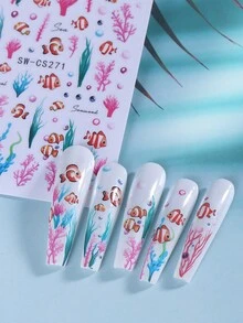 5入海洋美甲貼紙 3D自黏式夏季美甲貼紙 混款魚類、珊瑚、海藻、水母、海星、蝴蝶結圖案 夏季海灘熱帶度假美甲裝飾 - 彩色 - 查看 6