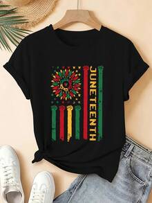 Women's Short-Sleeved T-Shirt, Vibrant And Comforting Style, With Fun Sunflower Cuff Print From JUNETEENTH, Comfortable And Breathable Fabric, Casual Round Neck T-Shirt For Summer, Fun Design For Everyday Wear, Suitable For Dates With Friends And June Events, Available In Sizes S-XXL. - 黑色 - 查看 6