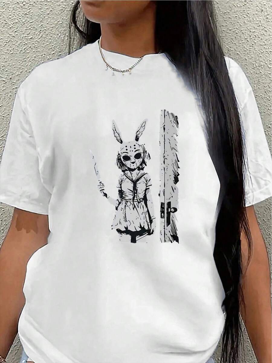 Lightweight And Durable Short-Sleeved Polyester T-Shirt With A Rabbit Print, Suitable For Casual Wear At Home Or In Restaurants. Women's Casual Blouse - 白色 - 查看 1