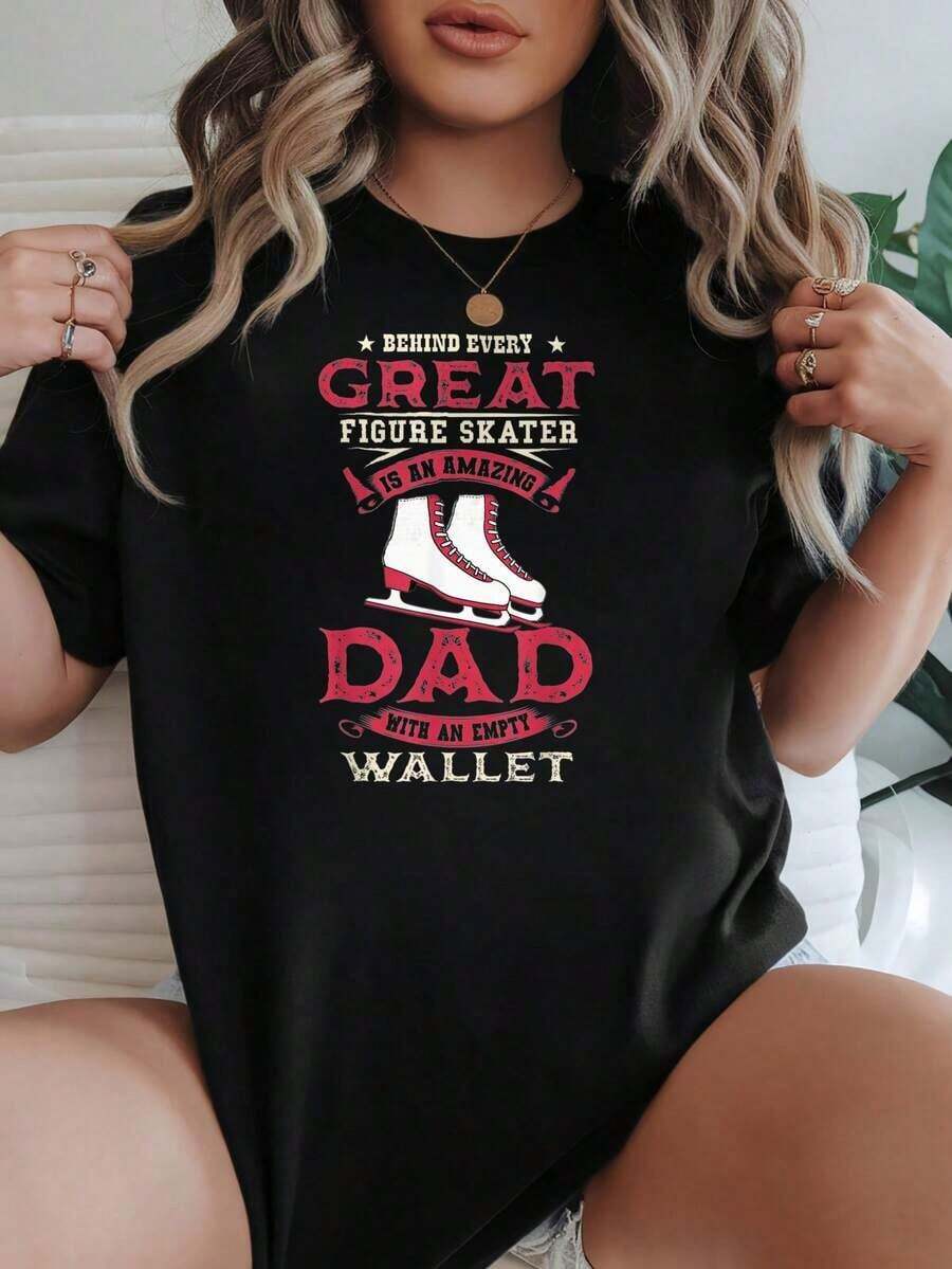 Camiseta de Mujer Casual de Cuello Redondo y Manga Corta, Opciones en Blanco y Negro, Estampado Gráfico de Patinadora y Cartera de Papá, Camisetas para Uso Diario, Tops de Verano, Camisetas Gráficas, Conjuntos de Verano, Camisetas Cortas de Mujer, Tops de Mujer, Ropa Vintage de Algodón, Ropa Linda para Mujer, Playera Holgada para Mujer - Negro - Ver 1