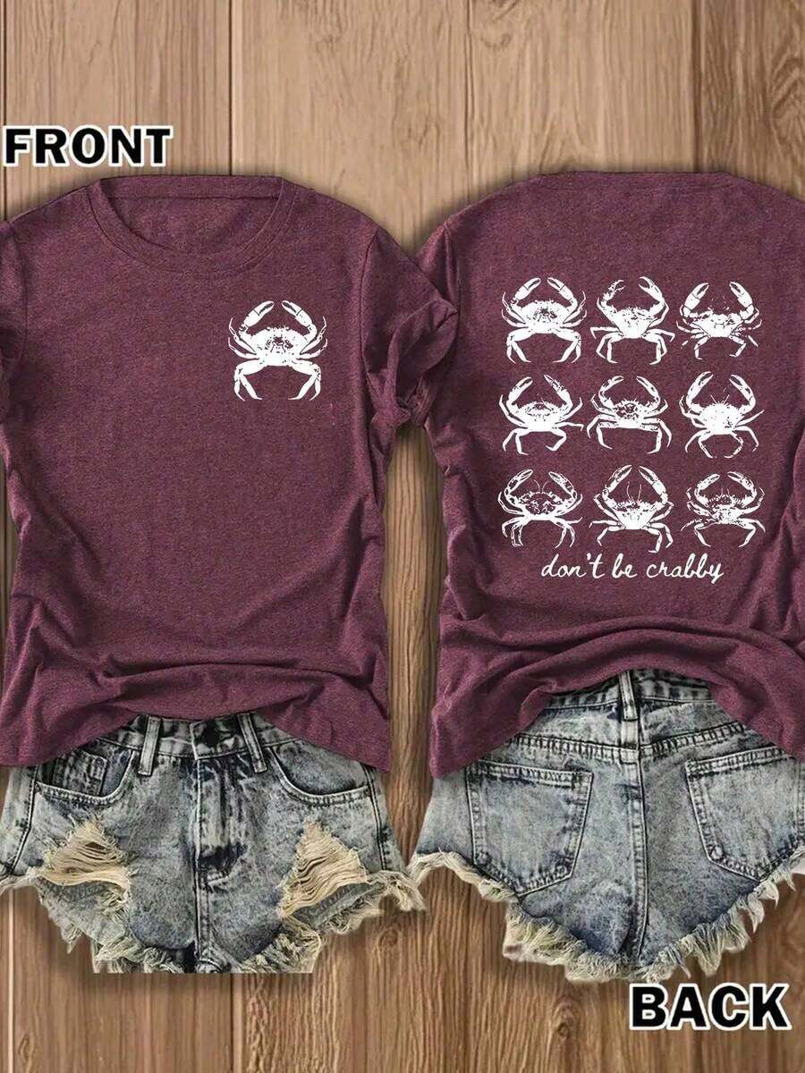 Women's "Don't Be Crabby" Short-Sleeved Crew Neck T-Shirt, Featuring A "I Might Be Laid Back But I Can Lean Forward" Print Design. Comfortable And Breathable, Stylish And Elegant, Machine Washable, Suitable For Everyday Casual Wear. - 玫紅色 - 查看 1