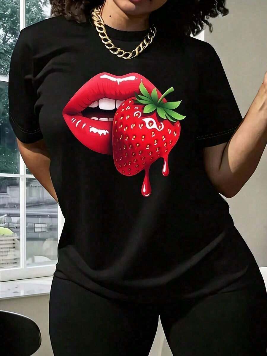 Camiseta de Mujer |     Camiseta de punto de poliéster de manga corta con cuello redondo y estampado de labios de fresa para mujer |     Ropa de uso diario, camiseta casual de manga corta para primavera y verano |     Lavable a máquina, adecuada para regalar a amigas y compañeras de clase, hermanas, esposas, para usar en primavera, verano y otoño. Camiseta de mujer, camisa de mujer, camisa casual de mujer. Camiseta de Mujer, Camisa de Mujer, Camisa Casual de Mujer - Negro - Ver 1