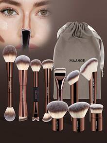 MAANGE 5/6/7/10/13/20件組專業化妝刷套組，含收納袋、底妝刷、蜜粉刷、腮紅刷、打亮刷、修容刷、眼影刷、眉刷，化妝工具，旅行理想之選 - 咖啡棕 - 查看 5