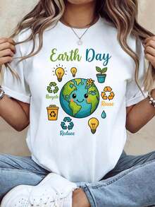 Camiseta de mujer con estampado ambiental "Día de la Tierra", top para eventos del Día de la Tierra y reuniones ecológicas, estilo fresco y relajante, de manga corta, camiseta de estilo urbano para el día a día. - Blanco - Ver 1