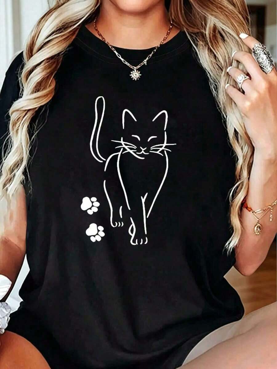 Camiseta casual de mujer de manga corta, cuello redondo, longitud regular, con estampado de mariposas. Camiseta de algodón sencilla y minimalista para uso diario. - Negro - Ver 1