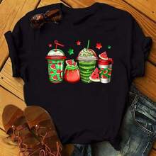 Women's T-Shirt With Watermelon And Coffee Print, 90s Style, Cute Short Sleeve T-Shirt, Women's Clothing, Streetwear With Graphic Design. - 黑色 - 查看 1