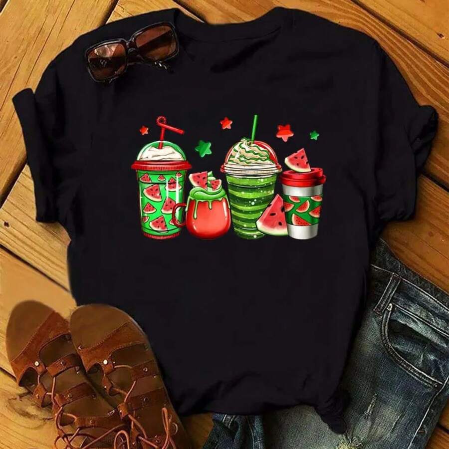 Women's T-Shirt With Watermelon And Coffee Print, 90s Style, Cute Short Sleeve T-Shirt, Women's Clothing, Streetwear With Graphic Design. - 黑色 - 查看 1