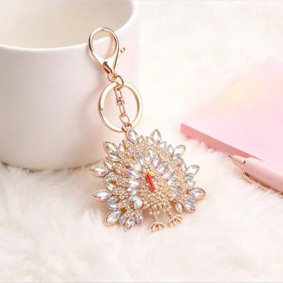 Shimmering AB Crystal Peacock Keychain, Gold-Tone With Multi-Shaped Rhinestone, Sparkly Peacock Bag Charm, Ideal For Handbag Decor & Glam Lover's Gift