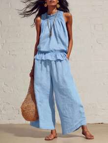 New Two-Piece Set In Retro Bohemian Style Linen And Cotton With Ruffles - Sky Blue - View 1