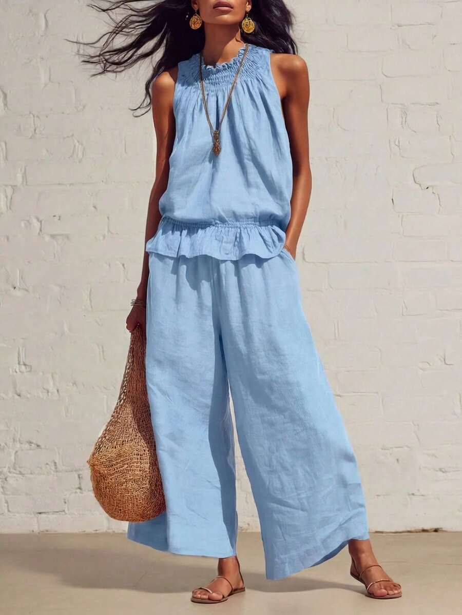 New Two-Piece Set In Retro Bohemian Style Linen And Cotton With Ruffles - Sky Blue - View 1
