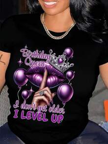 Camiseta con Estampado de Cumpleaños de la Reina, 100% Algodón, Camiseta Casual de Cuello Redondo con Estampado de Globos y Labios, Largo Regular, Tejido de Punto, Adecuada para Todas las Temporadas, Camiseta para Todas las Temporadas|   Diseño Humorístico|   Camiseta de talla grande con elasticidad media {S-4xl} y corte relajado - Negro 3 - Ver 6