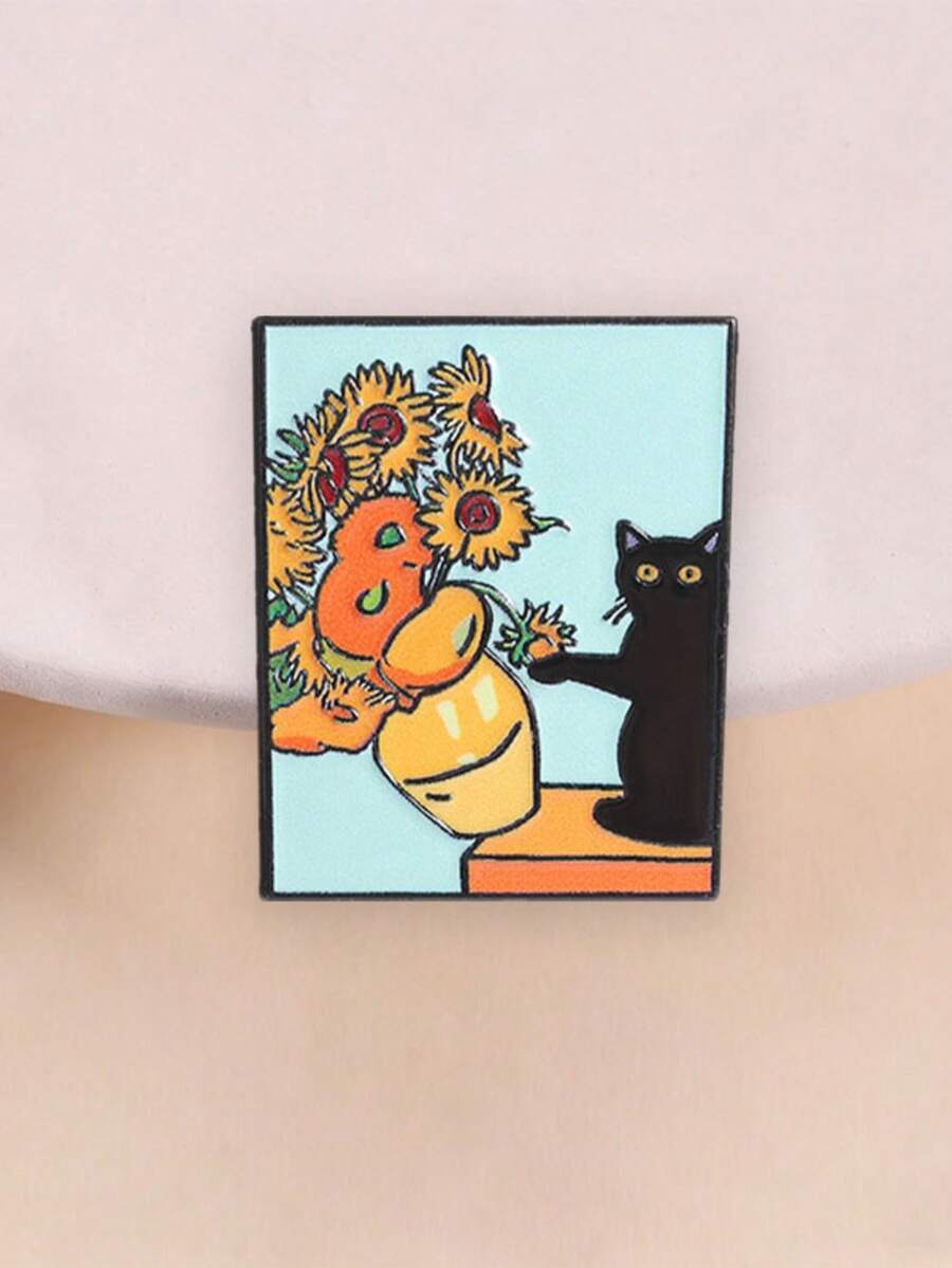 梵高向日葵猫咪珐琅胸针，独特艺术饰品，艺术爱好者的完美礼物，耐用珐琅材质