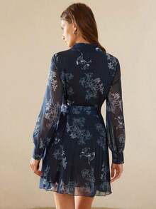 Women's Floral Print Dress With Front Buttons And Belt For Vacation - 酒紅色 - 查看 2