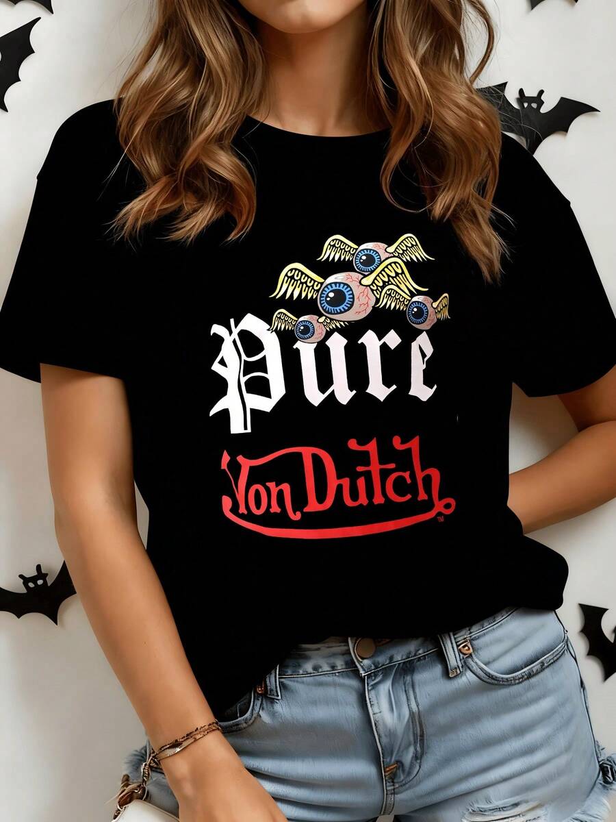 Winged Eyes Symbolizing The Freedom To Look Beyond The Horizon And Find Purity In Every Thought. A Women's T-Shirt With Vintage Lettering And An Artistic Touch, Ideal For A Modern Urban Look. - 黑色 - 查看 1