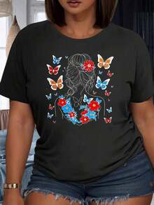 Women's T-Shirt With Bohemian Style Butterfly And Flower Design, Elegant Hair Illustration, Casual Summer Wear, Outdoor Party Outfit, Cotton T-Shirt - 黑色 - 查看 1