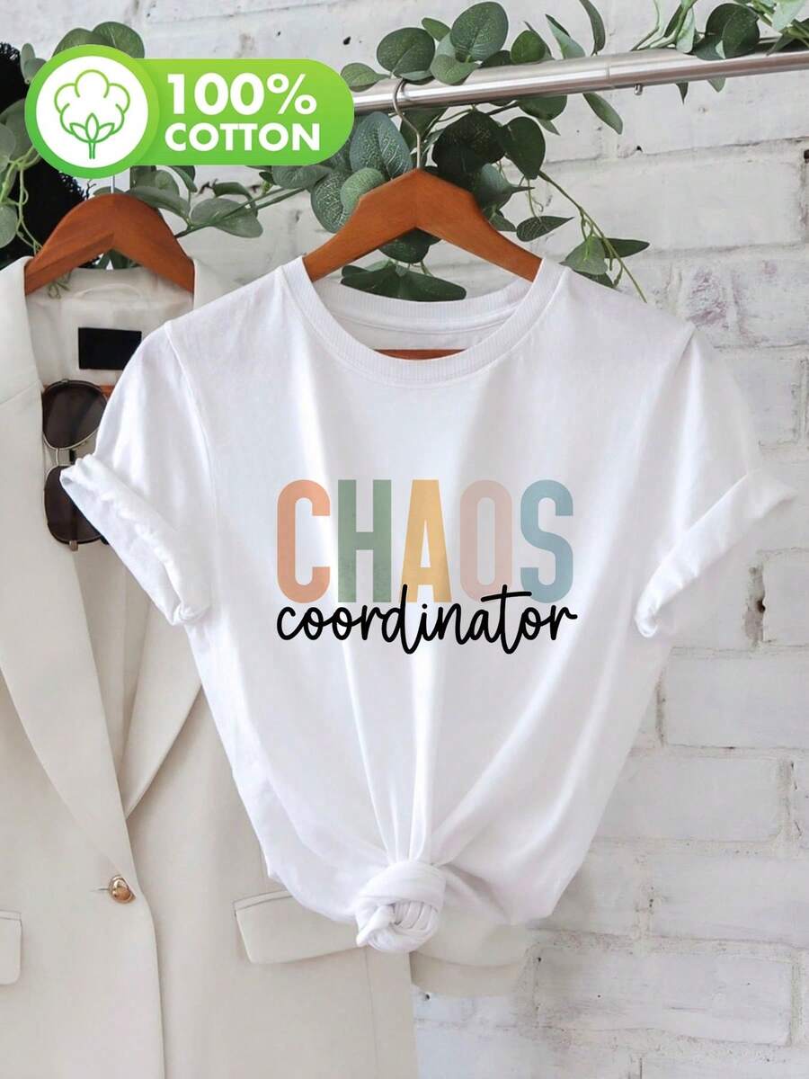 Top casual de mujer para primavera y verano con una suave brisa, que presenta texto colorido y un estampado coordinador CHAOS en una camiseta pura de manga corta con cuello redondo
