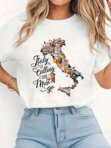 1 pieza de ropa de mujer, camiseta blanca con estampado de mapa de Italia, camisetas, top blanco, camisetas gráficas para mujer, camiseta unisex casual de cuello redondo, tela ligera, lavable a máquina, para primavera/verano/otoño, Navidad/Día de San Valentín/Día de la Independencia, 180g, 100% algodón. - Blanco - Ver 8