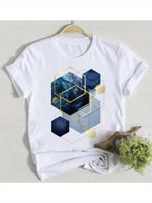 Camiseta de mujer con estampado geométrico blanco y azul - Suave, holgada, de manga corta y cuello redondo, top casual de verano, elegante camisa de manga corta, adecuada para ocasiones casuales y semi-formales del día a día. - Blanco - Ver 1