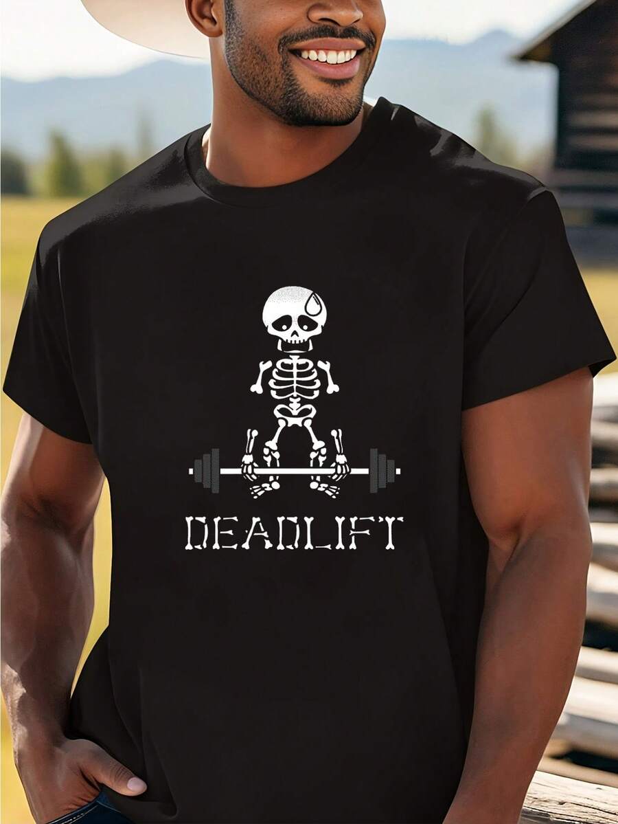 Men's Summer Cotton T-Shirt with Skeleton Deadlift Graphic Print, Casual Crew Neck Short Sleeve Tee, 100% Cotton Knit Fabric with Slight Stretch, Classic Fit - DERNM - Noir - Voir 1