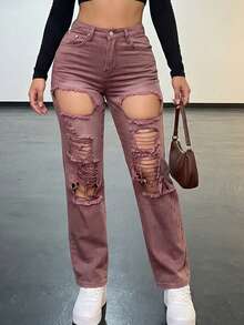 Pantalones vaqueros sin elasticidad para mujer de talle medio y pierna recta, con cortes y roturas desgastadas intensas, pantalones casuales urbanos - Marrón oscuro - Ver 3