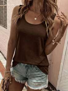 LUNE La nueva moda primavera y verano, chaleco casual de cuello redondo a rayas azul y blanco con cuello profundo rojo en contraste - Café integral - Ver 5