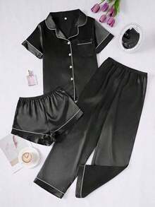Conjunto de pijama de 3 piezas para mujer con cuello de seda falsa de unicolor y ribete contrastante - Negro - Ver 4