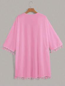 Kimono suelto con mangas con flecos de unicolor para mujer, adecuado para vacaciones - Rosa - Ver 2