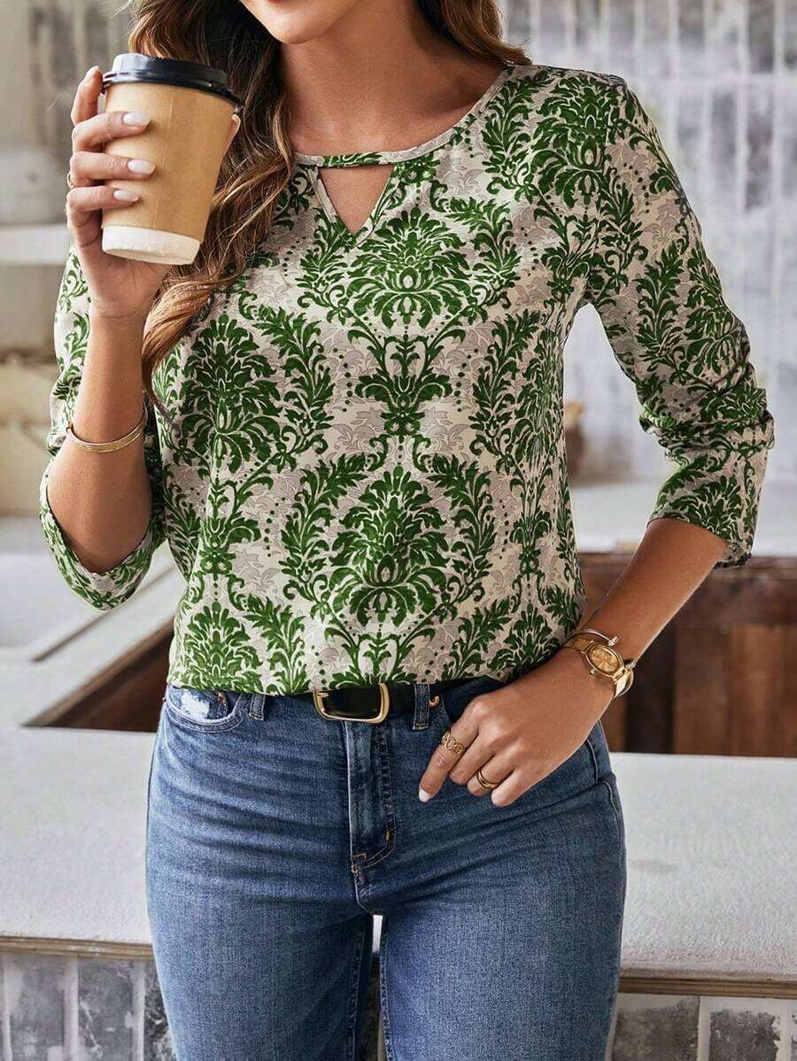 Camisa casual de mujer con estampado total y cuello calado - Verde Oscuro - Ver 1