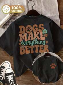 Limited Edition [Double-Sided Print] Women's T-Shirt - Retro Style With Dog Paw Print And Flowers, Loose Fit, Casual For Everyday Wear, Crew Neck, Short Sleeve, Lightweight Cotton - 黑色 - 查看 6