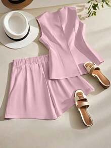 Conjunto casual de 2 piezas de chaleco de un solo pecho de unicolor y shorts plisados para mujer - Rosa - Ver 2