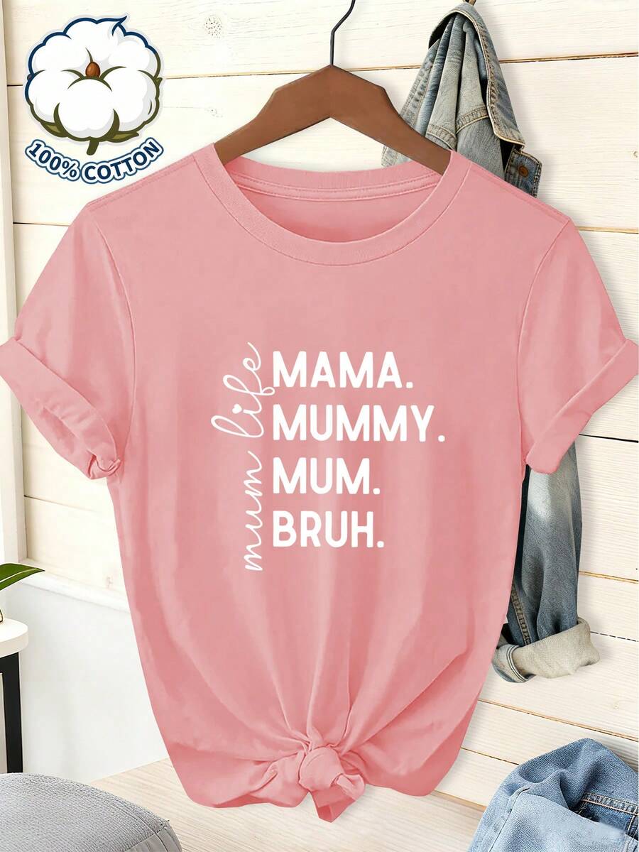 100% Purísima Short Sleeve Round Neck T-Shirt With Printed Design And Mixed Fonts, Including Words Like MAMA, MUMMY, MUM, BRUH, And The Handwritten Phrase 'Mum Life', Creating A Fun Typographic Design With A Versatile And Comfortable Fabric - Rose - View 1
