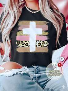 Women's White T-Shirt With Leopard Print Cross And Glitter, Aesthetic Faith Design Short Sleeve T-Shirt, Modern Spiritual Animal Print Top, Fashionable Casual Blouse With Mixed Textures - 黑色 - 查看 6