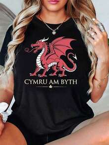 Women's T-Shirt With Welsh Culture Print, Red Dragon Cymru Am Byth, Short Sleeve Round Neck T-Shirt For Spring-Summer, Gift For Birthday, Easter, Mother's Day, Casual Black Short Sleeve Round Neck T-Shirt For Women. - 黑色 - 查看 1