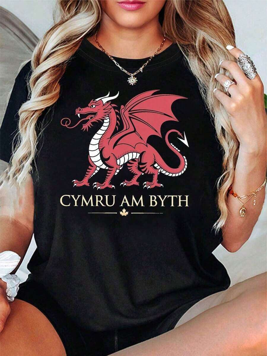 Women's T-Shirt With Welsh Culture Print, Red Dragon Cymru Am Byth, Short Sleeve Round Neck T-Shirt For Spring-Summer, Gift For Birthday, Easter, Mother's Day, Casual Black Short Sleeve Round Neck T-Shirt For Women. - 黑色 - 查看 1
