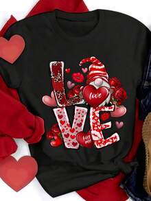 Cute Dwarf Heart-Shaped Roses Print T-Shirt, Short Sleeve Crew Neck Casual Top For Summer & Spring, Women's Clothing Birthday Presents Holiday Presents - 黑色 1 - 查看 10