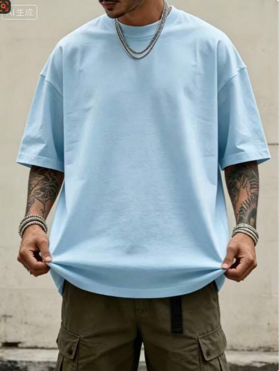 Oversized Boxy Cut Short Sleeve Jersey T Shirt Casual Crop Fit Streetwear Modern Minimalist All Season Essential Top-Comfortable Retro Cotton T-Shirt - 藍色1 - 查看 1