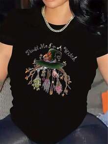 2026 Fashion For Women, Quality Casual Cotton T-Shirt, Short Sleeve T-Shirt For Women, Made Of Lightweight And Durable Fabric, With A Witch Hat And Magic Herbs Design, Ideal For Halloween Gatherings Or Relaxed Outings At Home Or In Restaurants, Basic Unisex T-Shirt - 黑色 - 查看 1