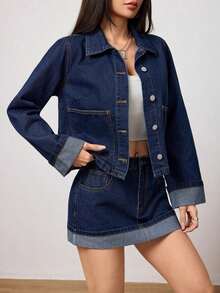 PETITE Conjunto de chaqueta vaquera y minifalda de mezclilla lavada, elegante y casual para uso diario de mujer en invierno y verano - Azul lavado oscuro - Ver 3