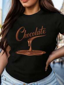 Soft Drip Chocolate Ladies Comfort T-Shirt, Women's Casual Blouse, Women's Cotton T-Shirts - 黑色 - 查看 1