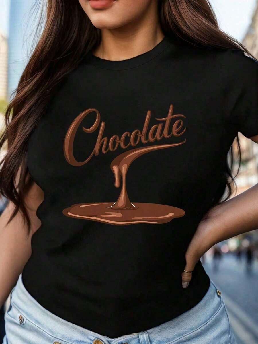 Soft Drip Chocolate Ladies Comfort T-Shirt, Women's Casual Blouse, Women's Cotton T-Shirts - 黑色 - 查看 1