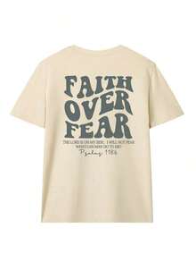 Women's Short-Sleeved T-Shirt With A Round Neck And "Faith Overcomes Fear" Lettering Print, A Casual And Modern Style, Essential For Everyday Wear. Graphic T-Shirt For Women, White Summer Top For Women - 杏色 - 查看 3