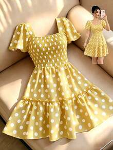 Vestido corto de verano para mujer con cuello cuadrado, mangas acampanadas y volantes en el bajo - Amarillo claro - Ver 6