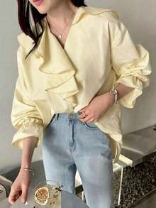 Blusa suelta con escote en V, volantes y parches elegante - Amarillo - Ver 4