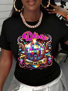 Disco Graffiti T-Shirt With Colorful Disco Ball And Musical Notes Print, Text 'Made Me Do It', For Party, Dance, Nightclub, Summer Fashion Cotton T-Shirt - Putih - View 9