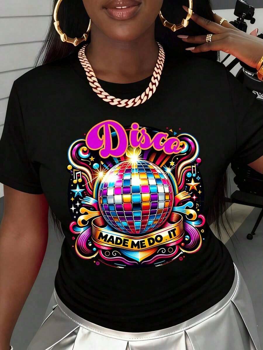 Disco Graffiti T-Shirt With Colorful Disco Ball And Musical Notes Print, Text 'Made Me Do It', For Party, Dance, Nightclub, Summer Fashion Cotton T-Shirt - Hitam - View 1