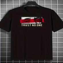 Men's Crew Neck T-Shirt, Solid Color, With Portrait Print And English Pattern, Sizes S-XXXL - 黑色 - 查看 1